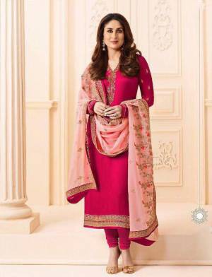 Shine Bright In This Designer Straight Suit In Dark Pink Color Paired With Light Pink Colored Dupatta. Its Top Is Fabricated On Georgette Satin Paired With Santoon Bottom And Chiffon Dupatta. Its Top And Dupatta Are Beautified With Heavy Embroidery. 