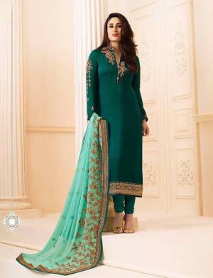 Grab This Beautiful Designer Straight Cut Suit In Pine Green Color Paired With Sea Green Colored Dupatta. Its Top Is Fabricated On Georgette Satin Paired With Santoon Bottom And Chiffon Dupatta. All Its Fabrics Ensures Superb Comfort All Day Long. Buy Now.