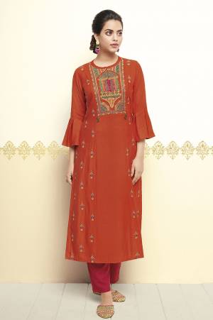 New Shade Is Here To Add Into Your Wardrobe With This Designer Readymade Kurti In Rust Orange Color Fabricated On Cotton. Its Fabric Is Soft Towards Skin And Als It Is Available In All Regular Sizes. Choose As Per Your Comfort.