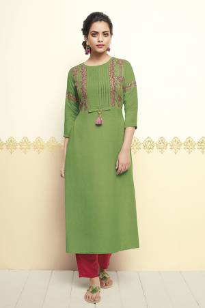 Grab This Pretty Designer Readymade Kurti In Light Green Color Fabricated On Cotton. It Is Beautified With Attractive Thread Work Over The Sleeve And Top. Also It Is Available In All Regular Sizes. 