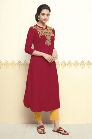 Celebrate This Festive Season Wearing This Readymade Kurti In Magenta Pink Color Fabricated On Cotton. It Has Attractive Multi Colored Thread Embroidery. Buy Now.