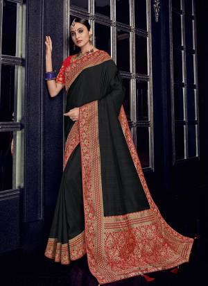 Presenting this black color silk fabric with rich jacquard pallu saree. Ideal for party, festive & social gatherings. this gorgeous saree featuring a beautiful mix of designs. Its attractive color and designer heavy design, stone design, silk fabric with rich jacquard pallu and beautiful design all over work over the attire & contrast hemline adds to the look. Comes along with a contrast unstitched blouse.