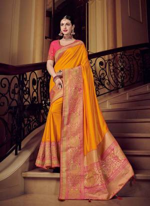 Wear this Musturd yellow color silk fabric with rich jacquard pallu saree. Ideal for party, festive & social gatherings. this gorgeous saree featuring a beautiful mix of designs. Its attractive color and designer heavy design, stone design, silk fabric with rich jacquard pallu and beautiful design all over work over the attire & contrast hemline adds to the look. Comes along with a contrast unstitched blouse.