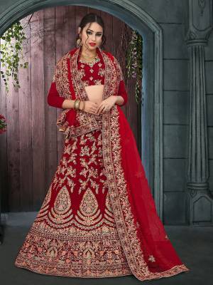 Get Ready For Your Big Day With This Heavy Designer Lehenga Choli?Red Color. This Heavy Embroidered Lehenga Choli Is Fabricated On Velvet Paired With Net Fabricated Dupatta. It Is Beautified With Heavy Jari Embroidery and Stone Work. Buy Now
