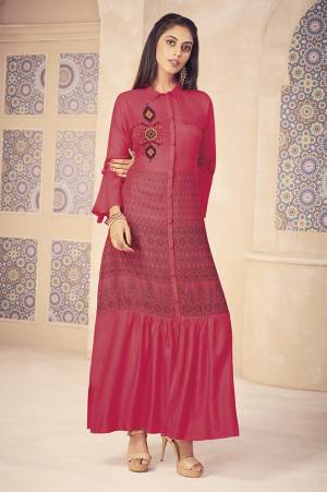 Grab This Designer Readymade Rich Looking Kurti In Pink Color. This Kurti Is Fabricated On Rayon Beautified With Printed And Thread Work. It Is Available In All Regular Sizes. Buy Now.