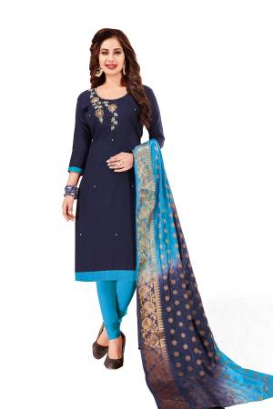 Enhance Your Personality Wearing This Designer Dress Material In Navy Blue Colored Top Paired With Sky Blue Colored Bottom And Navy Blue And Sky Blue Shaded Dupatta. This Dress Material Is Cotton Based Paired With Banarasi Art Silk Dupatta