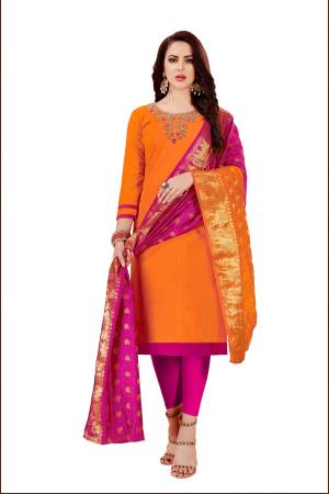Bright Color Pallete Is Here With This Dress Material In Orange Colored Top Paired With Contrasting Dark Pink Colored Bottom And Shaded Orange And Dark Pink Colored Dupatta. Its Top Is Beautified With Embroidery And Weaving Dupatta.