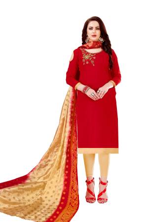 If Those Readymade Suit Does Not Lend You The Desired Comfort, Than Grab This Dress Material In Color Pallete Of Red And Cream. Get This Cotton Based Dress Material Stitched As Per Your Desired Fit And Comfort. Buy Now.
