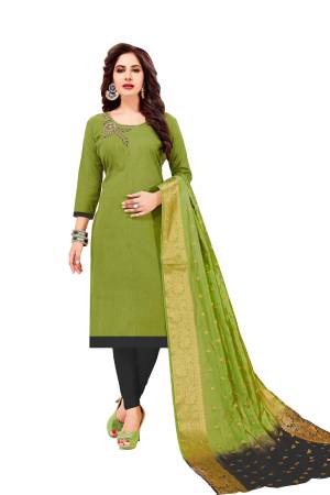 Get This Lovely Dress Material Stitched As Per Your Desired Fit And Comfort. Its Top Is In Light Green Color Paired With Black Colored Bottom And Light Green And Black Dupatta. Its Top And Bottom Are Cotton Based Paired With Banarasi Art Silk Dupatta. Buy Now.