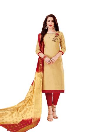If Those Readymade Suit Does Not Lend You The Desired Comfort, Than Grab This Dress Material In Color Pallete Of Red And Cream. Get This Cotton Based Dress Material Stitched As Per Your Desired Fit And Comfort. Buy Now.
