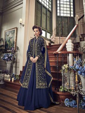 Enhance Your Personality Wearing This Heavy Designer Indo-Western Suit In Navy Blue Color Paired With Navy Blue Colored Bottom And Dupatta. Its Top IS Fabricated On Velvet Paired With Georgette Bottom And Chiffon Dupatta. Buy This Now.