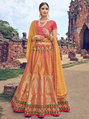 Presenting This Musturd Yellow color  rich jacquard Silk Lehenga. Ideal for party, festive & social gatherings. this gorgeous saree featuring a beautiful mix of designs. Its attractive color and jacquard lehenga with chiffon fabrics work over the attire & contrast hemline adds to the look. Comes along with a contrast unstitched blouse.