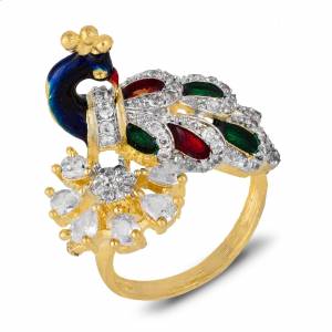 For A Quite Heavy Look, Grab This Pretty Peacock Patterned Ring With Multi Colored Stone Work. It Can e Paired With Any Colored Ethnic Attire.