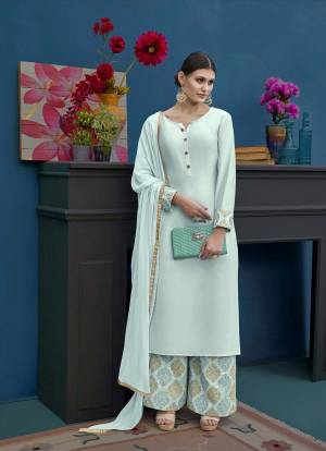  Rich And Elegant Looking Designer Straight Plazzo Suit Is Here In Very Pretty Shade Of Blue That Is Aqua Blue. Its Top And Bottom Are Silk Based Paired With Chiffon Dupatta. Buy Now.
