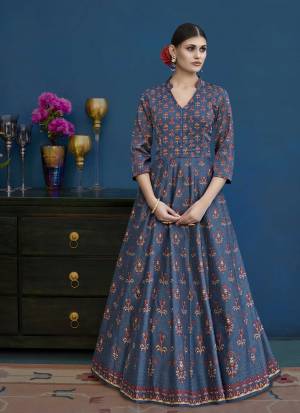 Grab This Designer Floor Length Suit In Blue Colora. Its Top Is Fabricated On Art Silk Paired With Santoon Bottom And Chiffon Dupatta. Its Fabric Ensures Superb Comfort Throughout The Gala. Buy Now.