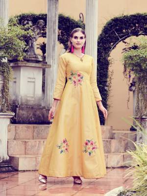 Celebrate This Festive Season Wearing This Designer Readymade Long Kurti In Musturd Yellow Color Fabricated On Art Silk. This Kurti Is Available In All Regular Sizes. Buy Now.