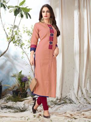 Look Pretty In Pastels With This Peach Colored Readymade Kurti Fabricated On Khadi Cotton. This Kurti Is Available In All Regular Sizes And Suitable For Festive Or Semi-Casuals. 