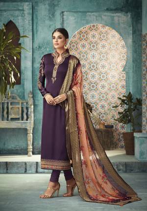A Must Have Shade In Every Womens Wardrobe Is Here With This Designer Straight Suit In Wine Color Paired With Contrasting Peach Colored Dupatta. Its Top Is Fabricated On Satin Georgette Paired With Santoon Bottom and Banarasi Silk Printed Dupatta. Its Lovely Color Pallete Will Earn You Lots Of Compliments From Onlookers. 