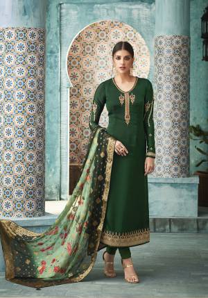 Celebrate This Festive Season Wearing This Designer Straight Suit In Dark Green Color Paired With Green Colored Dupatta. Its Top Is Fabricated On Satin Georgette Paired With Santoon Bottom And Banarasi Silk Dupatta. All Its Fabrics Are Light Weight And Easy To Carry all Day Long. 
