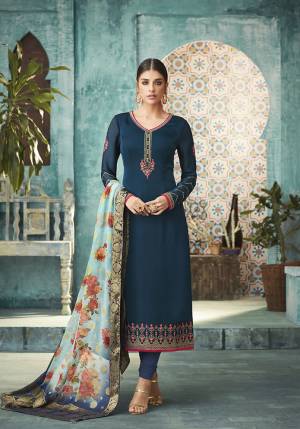 Add This Lovely Designer Straight Cut Suit In Dark Blue Color Paired With Blue Colored Dupatta. Its Top Is Fabricated On Satin georgette paired With Santoon Bottom And Banarasi Silk Dupatta. Buy This Semi-Stitched Suit Now.