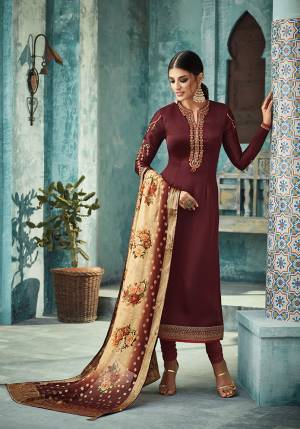 For A Royal Look, Grab This Designer Straight Suit In Maroon Color Paired With Contrasting Beige Colored Dupatta. Its Top Is Fabricated On Satin Georgette Paired With Santoon Bottom And Banarasi Silk Dupatta. It Is Light Weight And easy To Carry All Day Long.