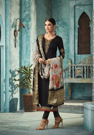 Flaunt Your Rich And Elegant Taste Wearing This Designer Straight Suit In Black Color Paired With Grey Colored Printed Dupatta. Its Top Is Fabricated On Satin Georgette Paired With Santoon Bottom And Banarasi Silk Dupatta. Buy This Now.