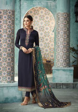 Enhance Your Personality Wearing This Designer Straight Suit In Navy Blue Color Paired With Blue Colored Dupatta, This Blue Color Pallete Will Give You A Bold And Fresh Look Every Time You Wear It. Buy Now.