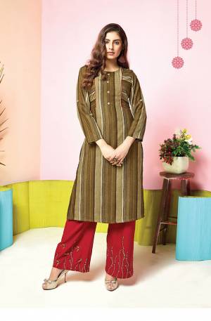 For A Simple And Elegant Festive Look, Grab This Designer Readymade Kurti And Plazzo Set In Olive Green Colored Top Paired With Contrasting Red Colored Plazzo. This Set Is Fabricated On Muslin Beautified With Prints And Thread Work. Buy Now.