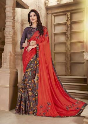 Shine Bright In This Designer Orange And Purple Colored Saree Paired With Purple Colored Blouse. This Saree And Blouse Are Fabricated On Art Silk Beautified With Prints And Patch Work. This Silk Based Saree Gives A Rich Look To Your Personality. 