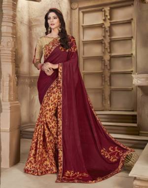 Grab This Designer Saree In Maroon And Beige Color Paired With Beige Colored Blouse. This Saree And Blouse Are Silk Based Beautified With Prints And Patch Work. Buy Now.