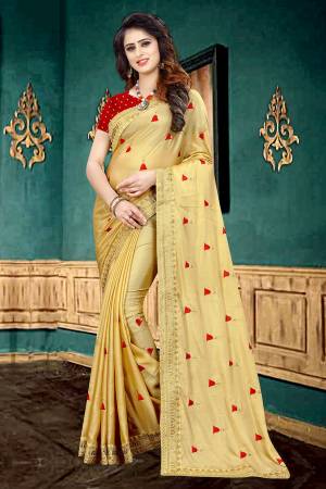 Celebrate This Festive Season With Beauty And Comfort Wearing This Designer Saree In Musturd Yellow Color Paired With Contrasting Red Colored Blouse. This Saree Is Georgette Based Paired With Brocade Fabricated Blouse. It Is Light In Weight And Easy To Carry All Day Long. 