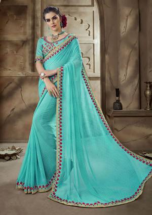 Pretty Elegant Shade Is Here With This Saree In Sky Blue Color Paired With Sky Blue Colored Blouse. This Saree Is Fabricated On Georgette paired With Art Silk Fabricated Blouse. Buy This Now.