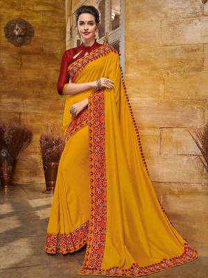 The fabulous pattern makes this saree  a classy number to be included in your wardrobe.Musturd  yellow color silk fabrics saree. Ideal for party, festive & social gatherings. this gorgeous saree featuring a beautiful mix of designs. Its attractive color and heavy designer embroidered saree, full saree design saree, beautiful floral design all over work over the attire & contrast hemline adds to the look. Comes along with a contrast unstitched blouse.