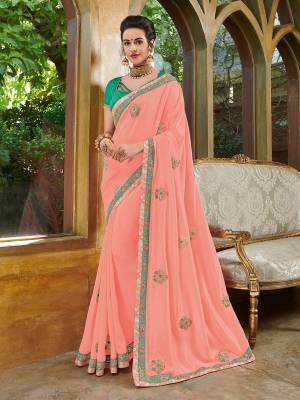 Look your ethnic best by wearing this Peach color silk fabrics saree. Ideal for party, festive & social gatherings. this gorgeous saree featuring a beautiful mix of designs. Its attractive color and heavy designer embroidered saree, full saree design saree, beautiful floral design all over work over the attire & contrast hemline adds to the look. Comes along with a contrast unstitched blouse.