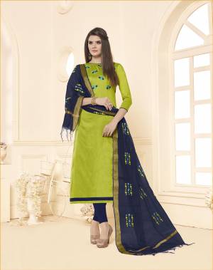 You Will Definitely Earn Lots Of Compliments Wearing This Designer Straight Suit In Light Green Colored Top Paired With Contrasting Navy Blue Colored Bottom And Dupattta. This Dress Material Is Cotton Based Paired With Chanderi Fabricated Dupatta. Buy Now.