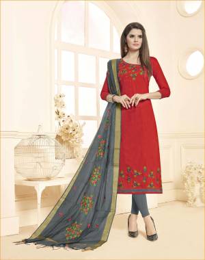 Unqiue Color Pallete Is Here With This Dress Material In Red Colored Top Paired With Contrasting Grey Colored Bottom And Dupatta. Its Top and Bottom Are Cotton Based Paired With Chanderi Dupatta. 
