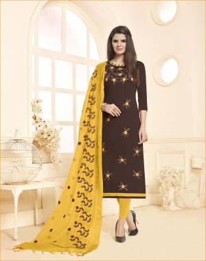 Enhance Your Personality Wearing This Brown Colored Top Paired With Contrasting Yellow Colored Bottom And Dupatta. This Dress Material Is Cotton based Paired With Chanderi Fabricated Dupatta. 
