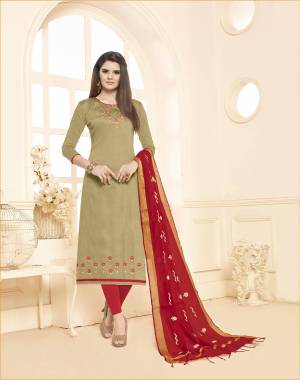 Evergreen Combination Is Here with This Dress Material In Beige Colored Top paired With Red Colored Bottom And Dupatta. This Dress Material Is Cotton Based Paired With Embroidered Chanderi Fabricated dupatta. 