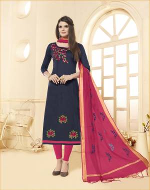 You Will Definitely Earn Lots Of Compliments Wearing This Designer Straight Suit In Navy Blue Colored Top Paired With Contrasting Dark Pink Colored Bottom And Dupattta. This Dress Material Is Cotton Based Paired With Chanderi Fabricated Dupatta. Buy Now.