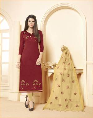 Unqiue Color Pallete Is Here With This Dress Material In Maroon Colored Top Paired With Contrasting Beige Colored Bottom And Dupatta. Its Top and Bottom Are Cotton Based Paired With Chanderi Dupatta. 