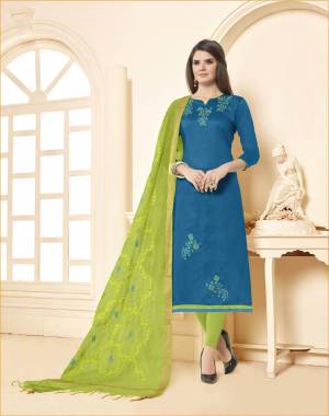 Enhance Your Personality Wearing This Blue Colored Top Paired With Contrasting Light Green Colored Bottom And Dupatta. This Dress Material Is Cotton based Paired With Chanderi Fabricated Dupatta. 