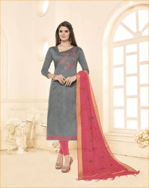 Evergreen Combination Is Here with This Dress Material In Grey Colored Top paired With Light Pink Colored Bottom And Dupatta. This Dress Material Is Cotton Based Paired With Embroidered Chanderi Fabricated dupatta. 