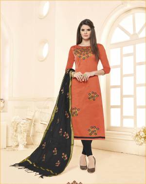 You Will Definitely Earn Lots Of Compliments Wearing This Designer Straight Suit In Rust Orange Colored Top Paired With Contrasting Black Colored Bottom And Dupattta. This Dress Material Is Cotton Based Paired With Chanderi Fabricated Dupatta. Buy Now.