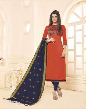 Enhance Your Personality Wearing This Orange Colored Top Paired With Contrasting Navy Blue Colored Bottom And Dupatta. This Dress Material Is Cotton based Paired With Chanderi Fabricated Dupatta. 