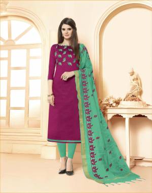 Evergreen Combination Is Here with This Dress Material In Magenta Pink Colored Top paired With Sea Green Colored Bottom And Dupatta. This Dress Material Is Cotton Based Paired With Embroidered Chanderi Fabricated dupatta. 