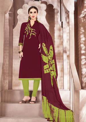 If Those Readymade Suit Does Not Lend You The desired Comfort Than Grab This Dress Material And Get This Stitched As Per Your Desired Fit And Comfort. This Dress Material Is Cotton Based Paired With Chiffon Dupatta. It Is Beautified With Thread Work Over Its Top. 