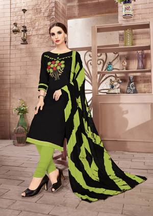 If Those Readymade Suit Does Not Lend You The desired Comfort Than Grab This Dress Material And Get This Stitched As Per Your Desired Fit And Comfort. This Dress Material Is Cotton Based Paired With Chiffon Dupatta. It Is Beautified With Thread Work Over Its Top. 