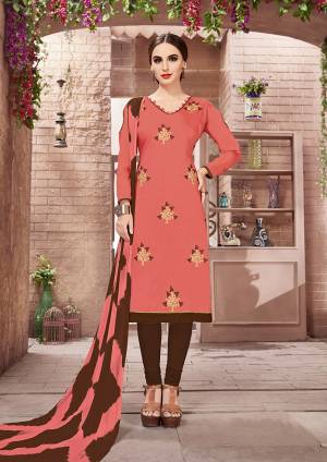 Add Some Casual With This Cotton Based Dress Material Paired With Chiffon Dupatta. Its Top Is Beautified With Thread Work Which Is Light In Weight And Easy To Carry All Day Long. Buy This Now.