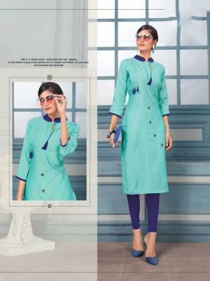 Here Is Kurti For Your Daily Wear Or At Your Work Place. This pretty Aqua Blue Colored Kurti Is Fabricated On Khadi Cotton Which Gives A Rich Look To Your Personality. 