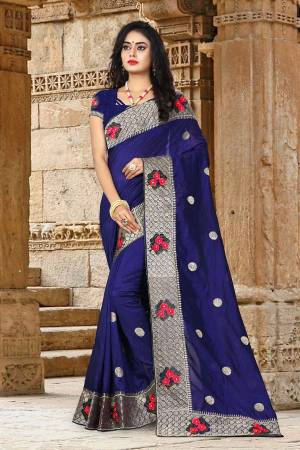 Here Is A Beautiful Designer Saree For All Occasion Wear. This Silk Based Saree And Blouse Are Beautified With Attractive Jari And Thread Emnroidery. Its Fabrics Ensures Superb Comfort All Day Long. 